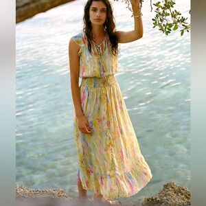 Anthropologie Yellow Multi Color Watercolor Maxi Dress